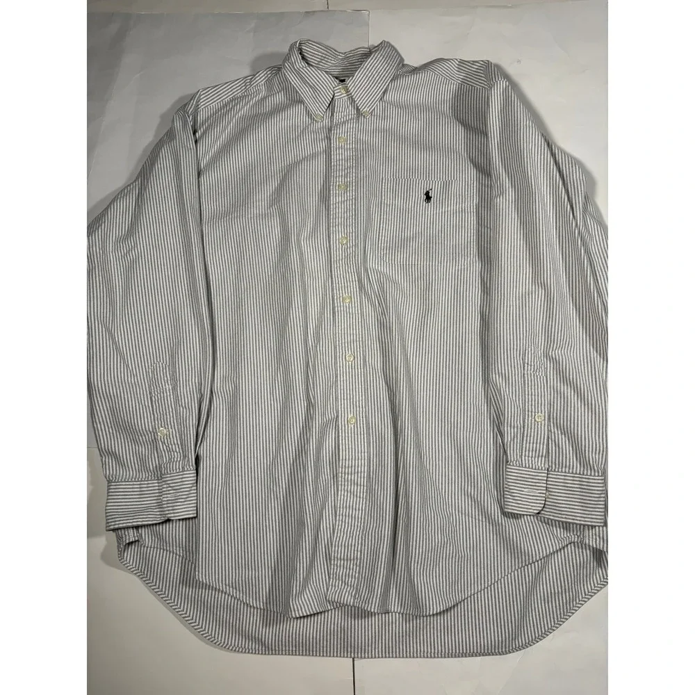 Polo Ralph Lauren Big Shirt Men's Large L Gray White Striped Oxford Button Down